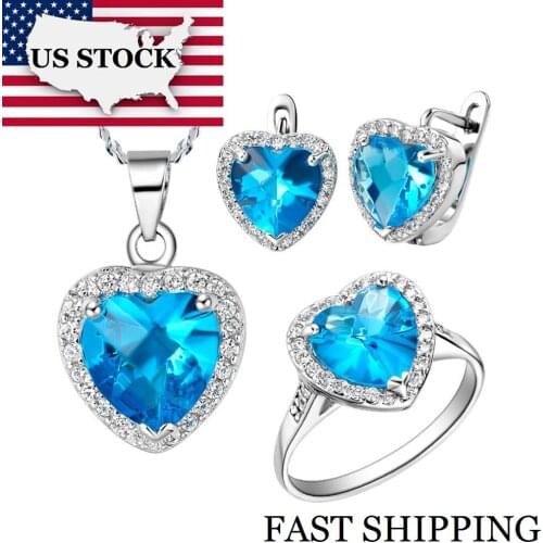 USA STOCK Uloveido Silver Color Charms Crystal Wedding Jewelry Sets Blue Heart Zircon Sale Necklace Ring Earrings for Women T009