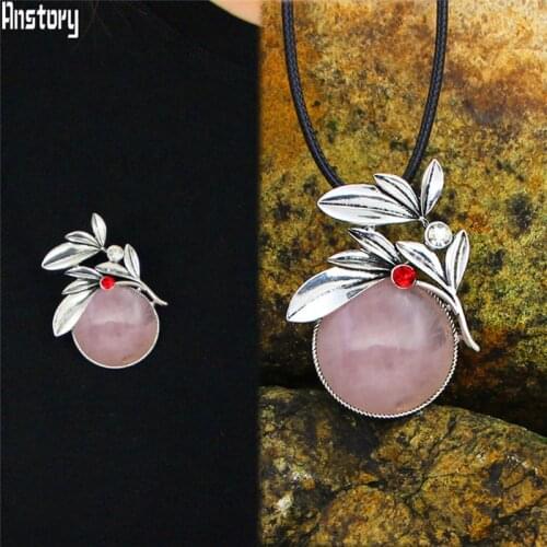 Vintage Leaf Plant Quartz Brooches Necklace For Women Natrual Stone Fashion Brooch Long Chain Sweater Necklace Jewelry