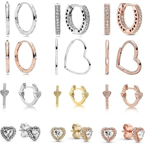 Authentic 925 Sterling Silver Golden Shine Sparkling Elevated Heart Earring For Women Wedding Gift Fashion Jewelry