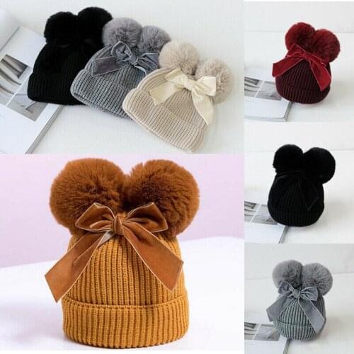 Winter Warm Boys and Girls Bow Knit Hat Warmthless Velvet Ball Bean Hat Cap