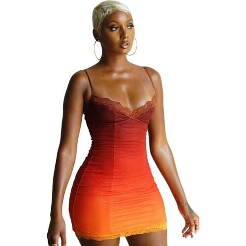 2021 New Fashion Gradient Color Bodycon Women Mini Dress Sexy V Neck Party Clubwear Spaghetti Straps Casual Street Clother Party