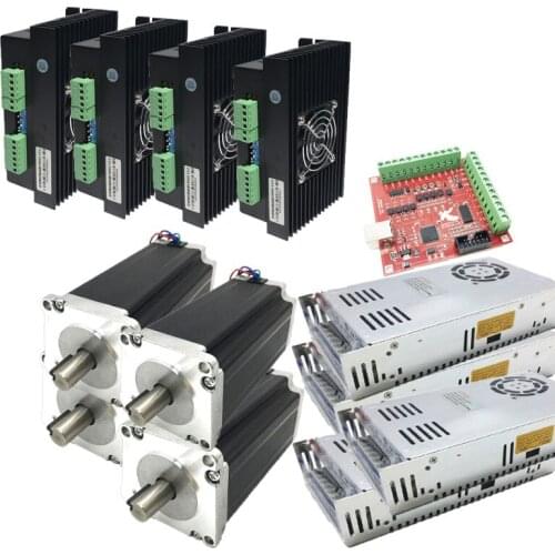 4 Axis kits Nema34 3Nm-12Nm 14mm Shaft Stepper Motor& AC18V- 80V/DC24-110V Driver& 400W 60V Power Supply& Mach3 USB Control Card