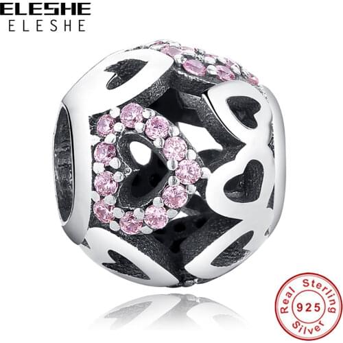 ELESHE Valentines Day Silver Beads Fit Original Charms Bracelet 925 Sterling Silver Pink Zircon Hollow Heart Bead DIY Jewelry