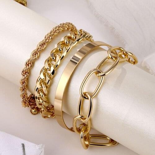 IPARAM 4Pcs Punk Curb Cuban Chain Bracelets Set for Women Miami Boho Thick Gold Color Charm Bracelets Bangles Fashion Jewelry