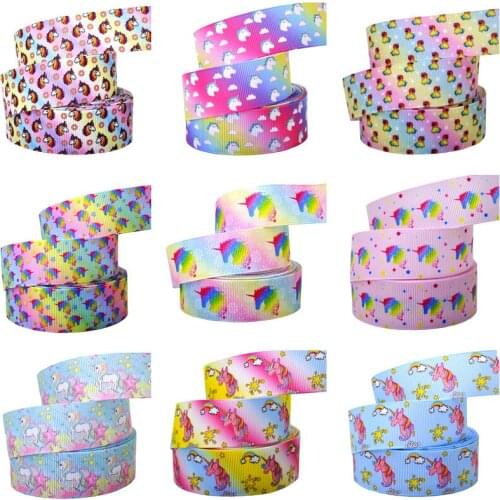 10Y/lot 1"25mm Rainbow Unicorn Printed Grosgrain Ribbon Fashion Fabric DIY Hairbows Accessories Holiday Decorations Materials