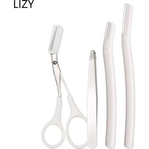 LIZY 4pcs Eyebrow Trimmer Eyebrow Razor Kit Eyebrow Scissors Eyebrow Comb Razor for Face Tweezers Eyelash Beauty
