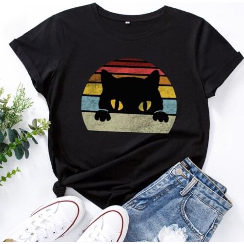 Lovely Black Cat Print Women Cotton T Shirt Short Sleeve T-Shirt Female Casual Tops Tee Funny T Shirts Camisetas