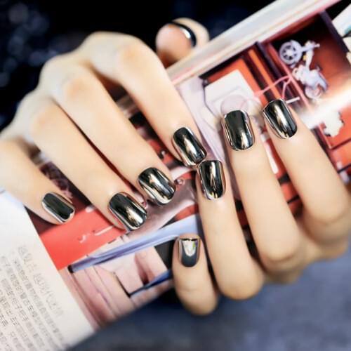Fashion Flat Top False Nail Tips Deep Grey Metallic Acrylic Lady Nails Medium Manicure Nails 24Pcs Z197