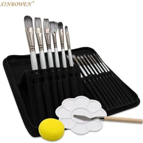 1 set Nylon Painting Kit Canvas Bag Combination Fan-Shaped 18 Piece per set Silver Black Wooden Rod Oil Painting Brush