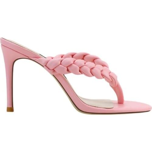 Newest Girls Beige Black Pink Khaki Blue Gold White Knitting Braid Clip-toe Heels Slippers Woman 6 cm 8 cm Thin Heels Sandals