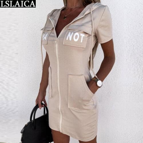 Wholesale Short Sleeve Casual Dress Hoodied Pockets Solid Fashion Summer Light Dresses Letter Printed Drawstring Mini Dress 2021