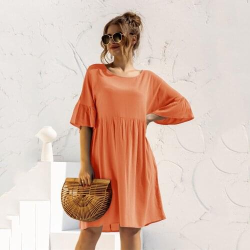 Summer For Womens Dresses Fashion O Neck Pleated Casual Loose Flared Sleeves Pure Black Ladies Short Sleeve Pocket Dress 2021