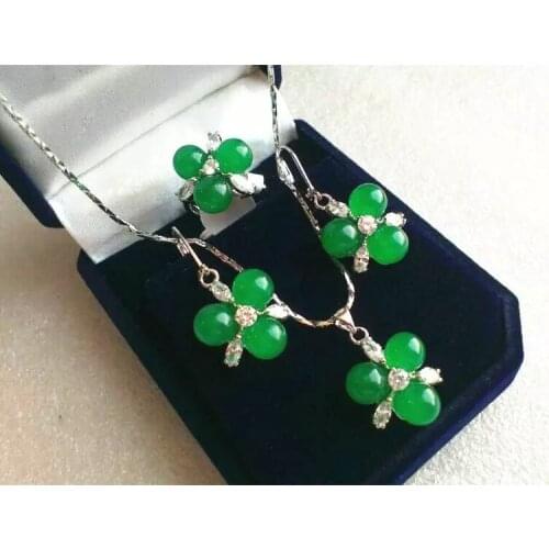 Prett Lovely Womens Wedding wholesale fashion new design jewelry 3 green gem beads flower pendant earrings & ring(#7.8.9) jewe