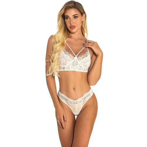 Plus Size Bra Set Lace Deep V Neck Floral Net Yarn Sexy Lingerie Bandage Eyelash See Through Two Pieces Erotic Women Underwear