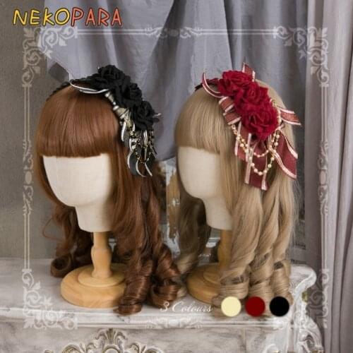 Jewel Princess Handmade Luxuriant Rose Hairband KC Bows,Pearl Chain Trim Elegant Lolita Sweet Headband Headwear 5 Colors