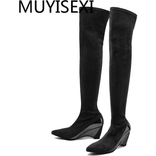 Over the Knee Boots Tight Fitting Women Elastic Sock Boot Slim Thigh High Boots 6cm Wedges Heels Botas Mujer HL203 MUYISEXI