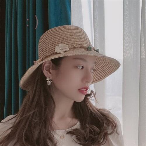 Summer Elegant Womens Sun Hat Flower Straw Hat Wide Brim Sea Beach Sun Hat Bone Capeline Chapeaux For Lady Gorros