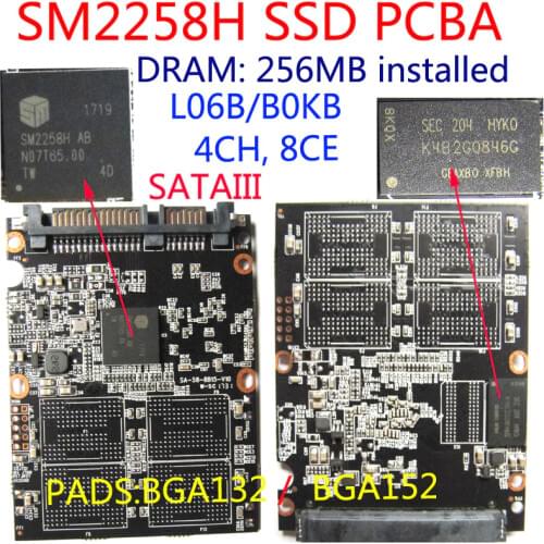 SM2258H AB 8-PAD SSD PCBA, DIY SSD PCBA, BGA152/BGA132,SM2258H Controller,256MB DRAM,SATA3 4CH&8CE PCBA,3D NAND L06B B0KB M/TLC