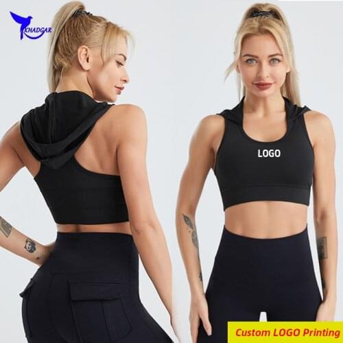 Custom LOGO Padded Sleeveless Hooded Sports Bra Women U-Neck Quick Dry Crop Top Yoga Hoodies Running Vest Gym Fitness Clothing