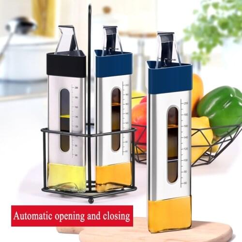 Triangular Glass Oil Pot Liquid Seasoning Bottle Lead-free Glass +201 Stainless Steel Automatic Opening and Closing Oil Pot