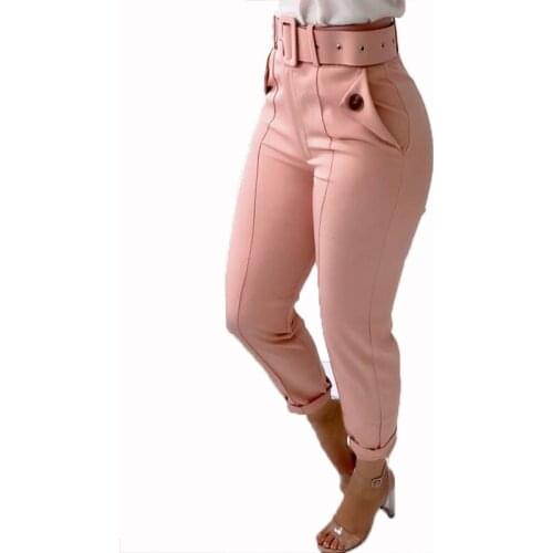 STYLISH LADY Elegant Pants with Belt 2020 Autumn Women High Waist Pocket Ankle Length Candy Pink Office Lady Pants