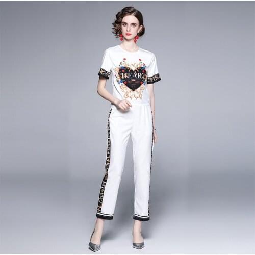Fashion Runway Summer Vintage Two Pieces Set Womens Heart Flower Print Short Sleeve Tops + Elegant Ankle-Length Pants Suits