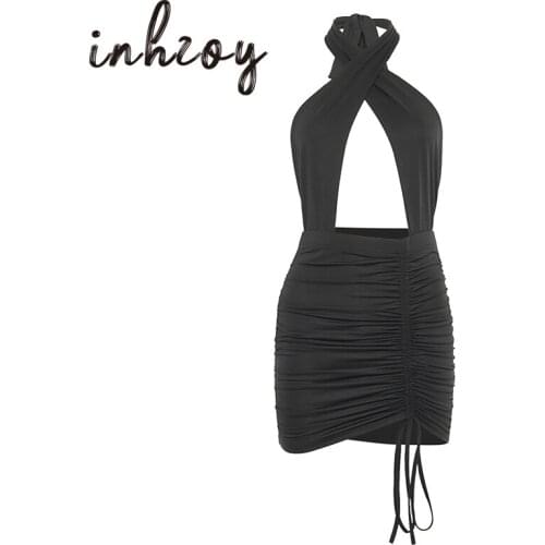 Sexy Hollow Out Backless Mini Dress Women Halter Solid Color Pleated Bodycon Vestidos Clubwear Summer 2021 Cocktail Party Dress