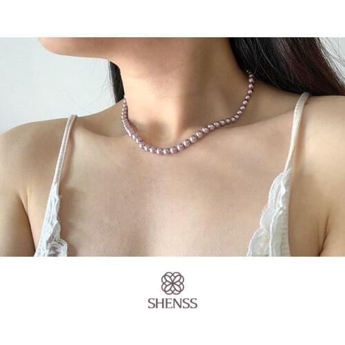 Elegant 6-10mm Purple shell pearl necklace for Women 925 Sterling Silver Tail Chain Classic Jewelry