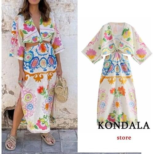 Za 2021 Women Chic Floral Boho Sexy Midi Dress Short Sleeve Deep V Neck Side Hollow Out Vintage Dress Fashion Summer Vestidos