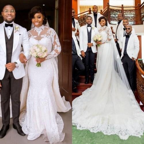 Plus Size Wedding Dresses with Detachable Train High Neck Lace Appliqued Long Sleeves Mermaid Custom Made African Bridal Gowns