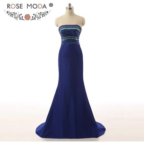 Rose Moda Strapless Navy Floor Length Prom Dress Rhinestone Mermaid Prom Dresses Formal Party Dress 2018