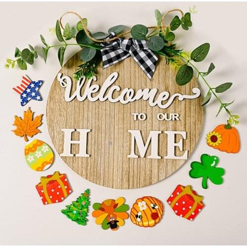 1PCS Round Wooden Three-dimensional DIYExchangeable Patterns Welcome Home Sign Doorplate For Chirstmas Halloween Decor