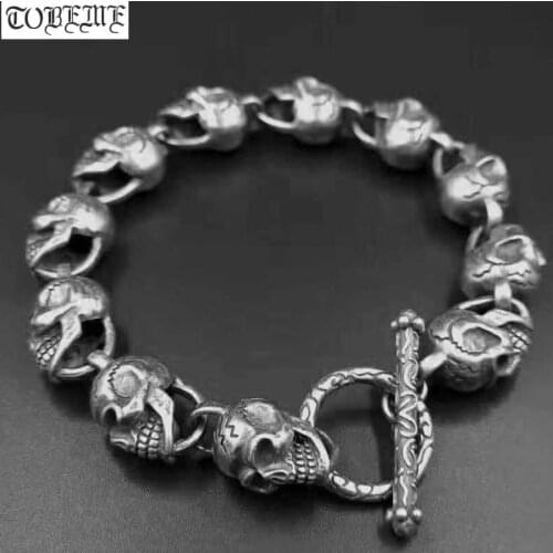 100% 925 Siilver Skull Head Bracelet 925 Sterling Skeleton Man Bracelet Vintage Thai Silver Punk Jewelry Bracelet