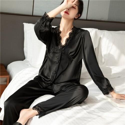Black Nightwear Satin 2021 New Women Pajamas Suit Casual V-Neck Sleepwear Intimate Lingerie 2PCS Sleep Set Sexy Homewear