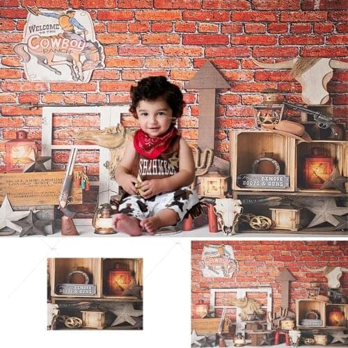 Cowboy Ranch Backdrop Baby Shower Wild West Desert Cactus Red Brick Wall Portrait Photography Background for Photo Studio Decor