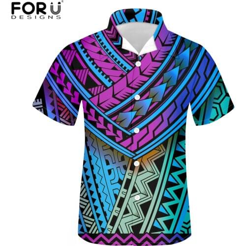 FORUDESIGNS Gradient Traditional Tribe Prints Boys Summer Short Tees Vintage Camisa Hombre Polynesian Style Alhoa Tunic Shirts