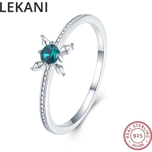 LEKANI Crystals From Swarovski Green Flower Rings Summer Jewelry Real S925 Silver Fine Finger Accessories For Women Girls Gift