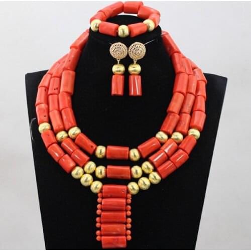 African Wedding Coral Beads Necklace Set Gold Beaded Women Chunky Bridal Jewelry Sets 2017 Free Shipping CNR769