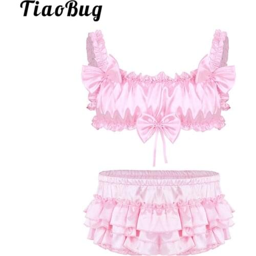 TiaoBug Men Sissy Lingerie Set Satin Ruffle Bowknot Bra Crop Top with Bloomer Skirted Panties for Male Erotic Gay Sexy Underwear