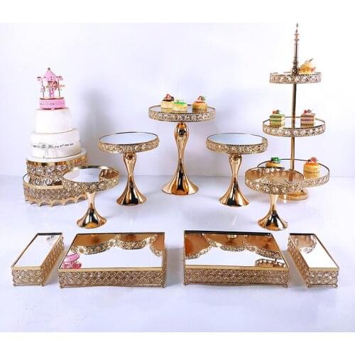 Beautiful Tray 3 Tier Gold Cupcake Dessert Display Decoration Tools Wedding Crystal Acrylic Mirror Cake Stand Set