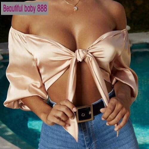 Sexy Satin Slik Crop Top Women Bow Sashes V Neck Crop Top Sleeveless Half Sleeve Cropped Backless cropped feminino Tank Top