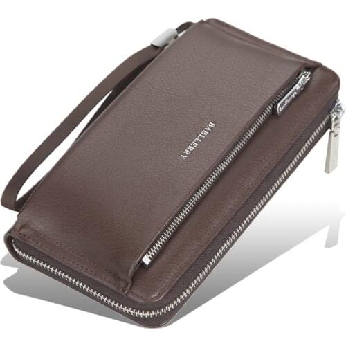 M68C Mens Artificial Leather Clutch Bag Business Long Wallet Purse Double Zipper Large Capacity Credit Card Mobile Phone Holder