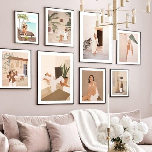 Peace Morocco Girl Pose Palm Banana Leaf Wall Art Print Canvas Painting Modern Nordic Poster Wall Pictures For Living Room Decor