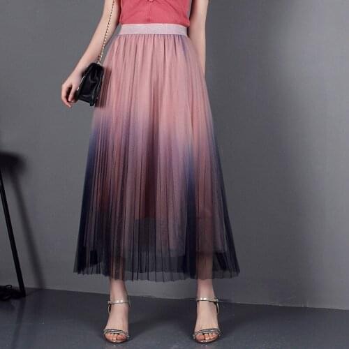 Fashion New Tulle Skirt Women Autumn High Waist Chiffon Skirts Women Gradient Lace Long Skirt Female