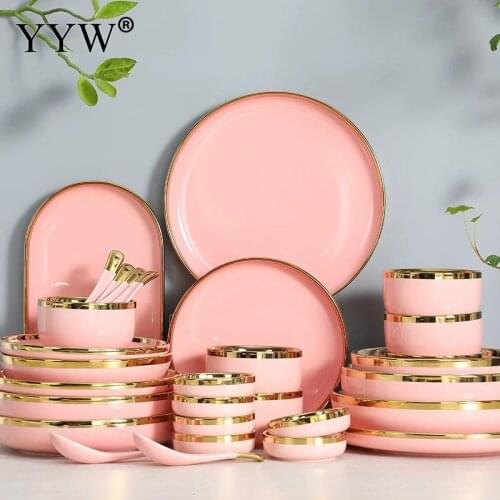 Nordic Style Phnom Penh Pink Dishes And Plate Set For Household Or Restaurant Ceramic Soup Bowl And Plate Dinner Dinnerware Set