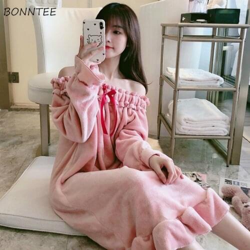 Nightgowns Womens Loose Thicken Plus Velvet Coral Fleece Slash Off Shoulder Sexy Home Wear Sleepshirts Ruffles Mid-calf Korean