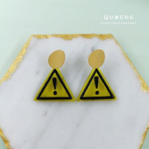 Original Fashion Design Yellow Triangle Exclamation Mark Alloy Acrylic Stud Earring Funny Playful Lovely Statement Jewelry Women