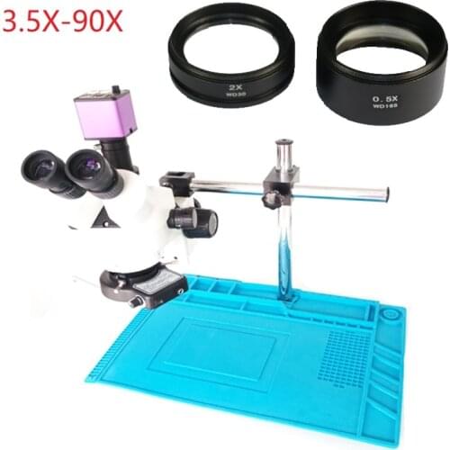 Arm Support 3.5X 7X 45X 90X Simul-focal Trinocular Stereo Microscope +16MP HDMI microscope USB Camera +144 Led light+Heat Pads