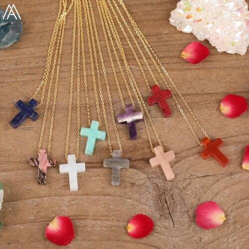Natural Rhodonite Labradorite Lapis Stone Cross Beads Pendant Gold Chains Necklace For Women Boho Necklace Jewelry Dropshipping