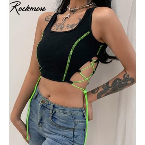 Rockmore Black Sexy Crop Top Women Sports Vest Backless Camis Lace Up Bandage Tank Top Club Party Bustier Summer Streetwear 2021